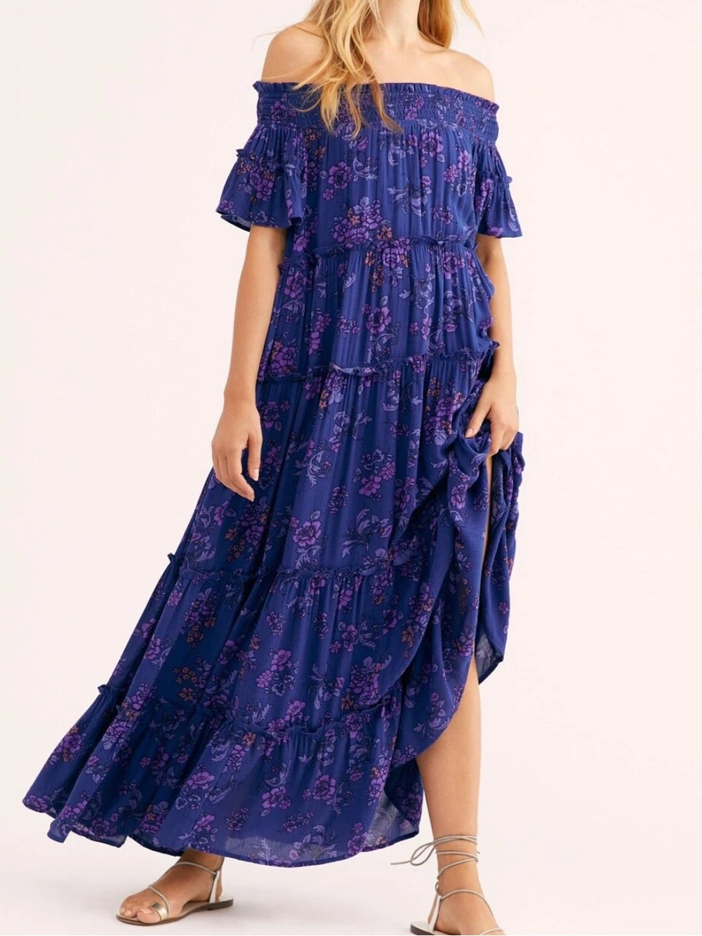 Authentic Free People Barclay Off-The-Shoulder Tiered Maxi Dress - Blue Floral